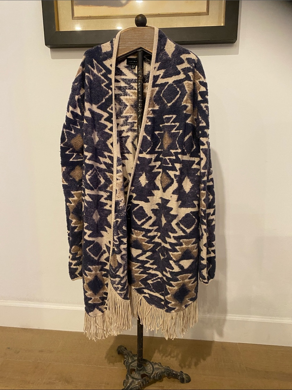 Lucky Brand Navy Blue and Cream Aztec Fringe Cardigan